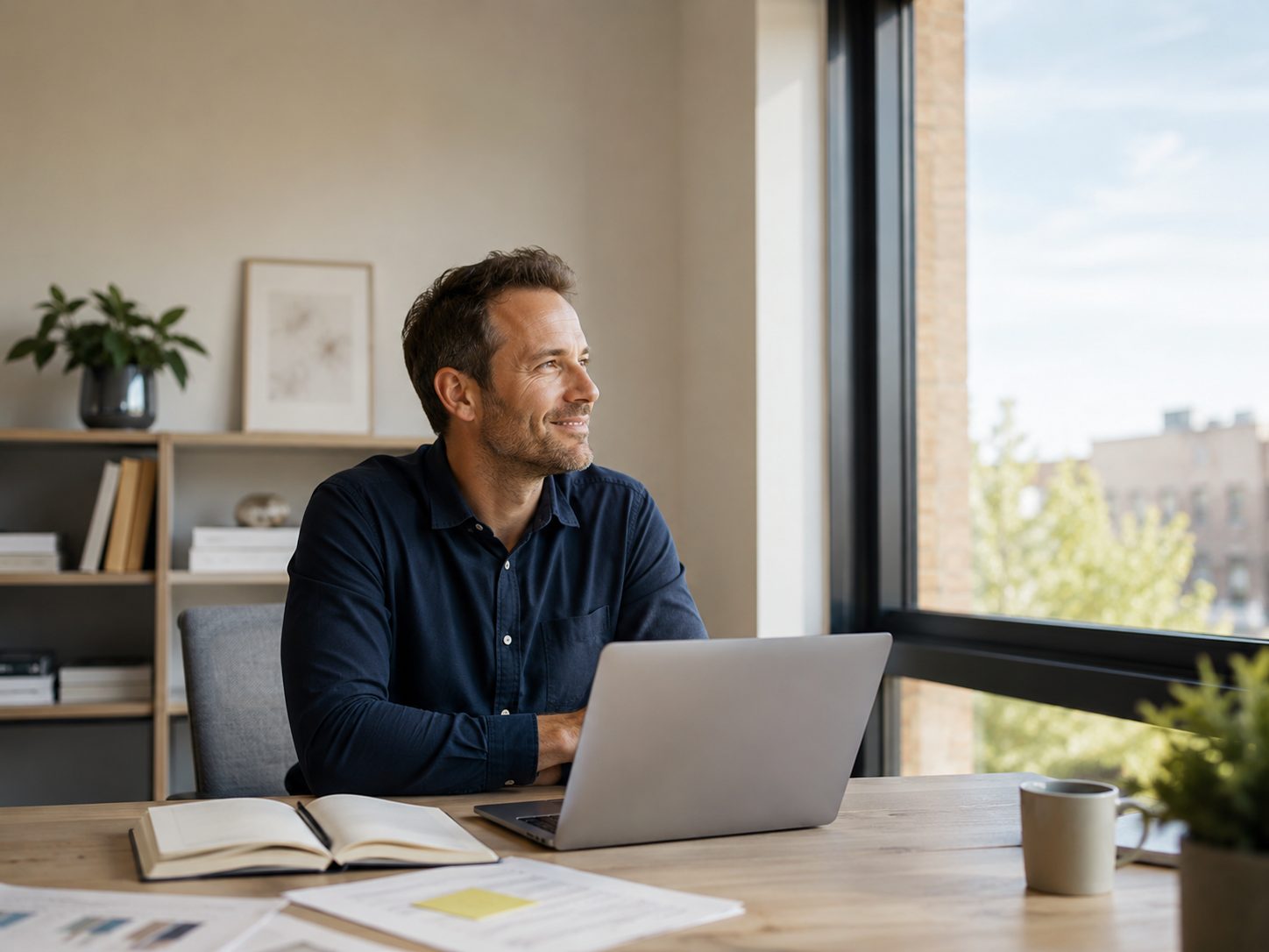 A business owner weighing up funding options at a desk
