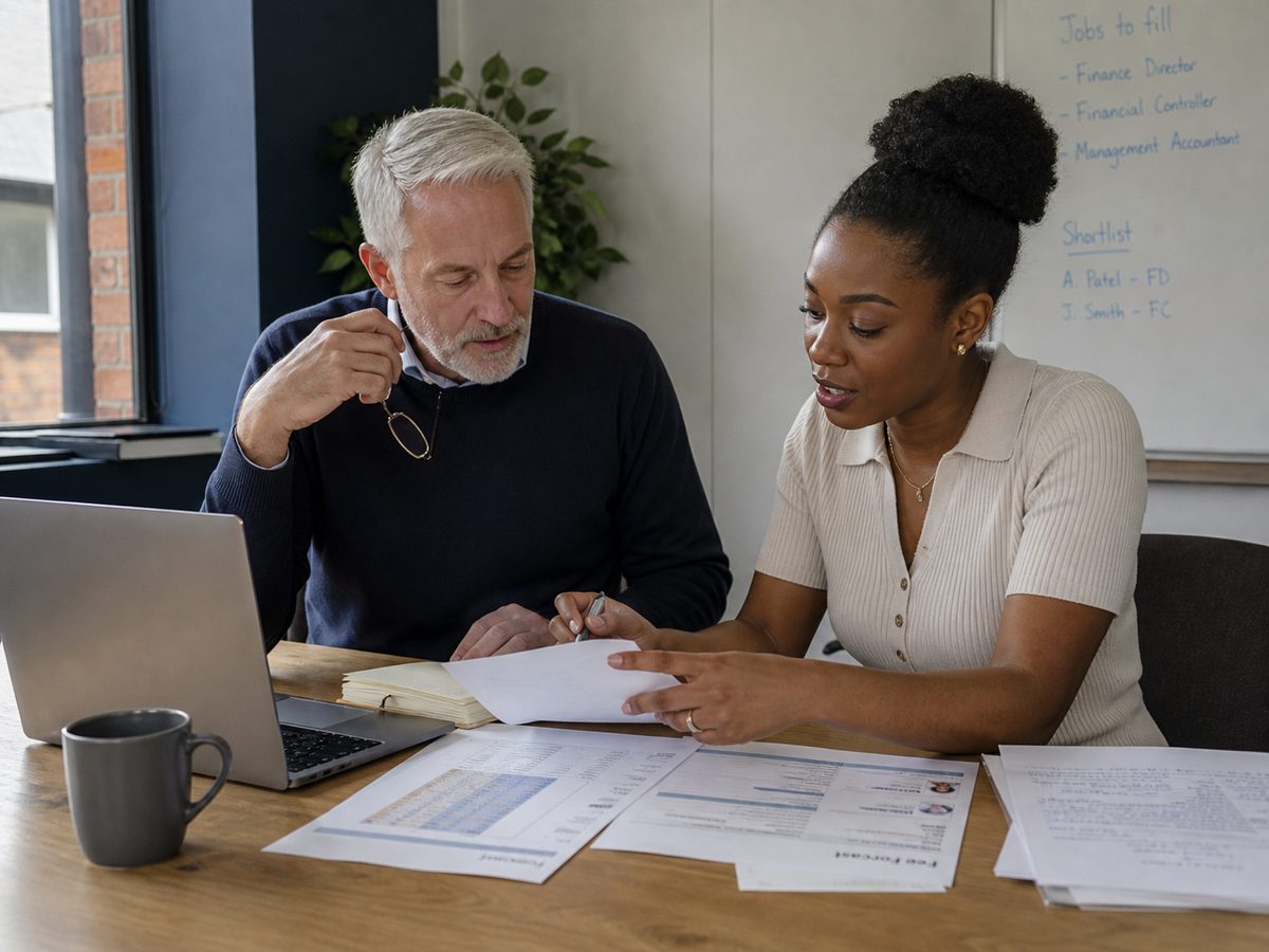 A UK business owner discussing funding options with an adviser at a desk