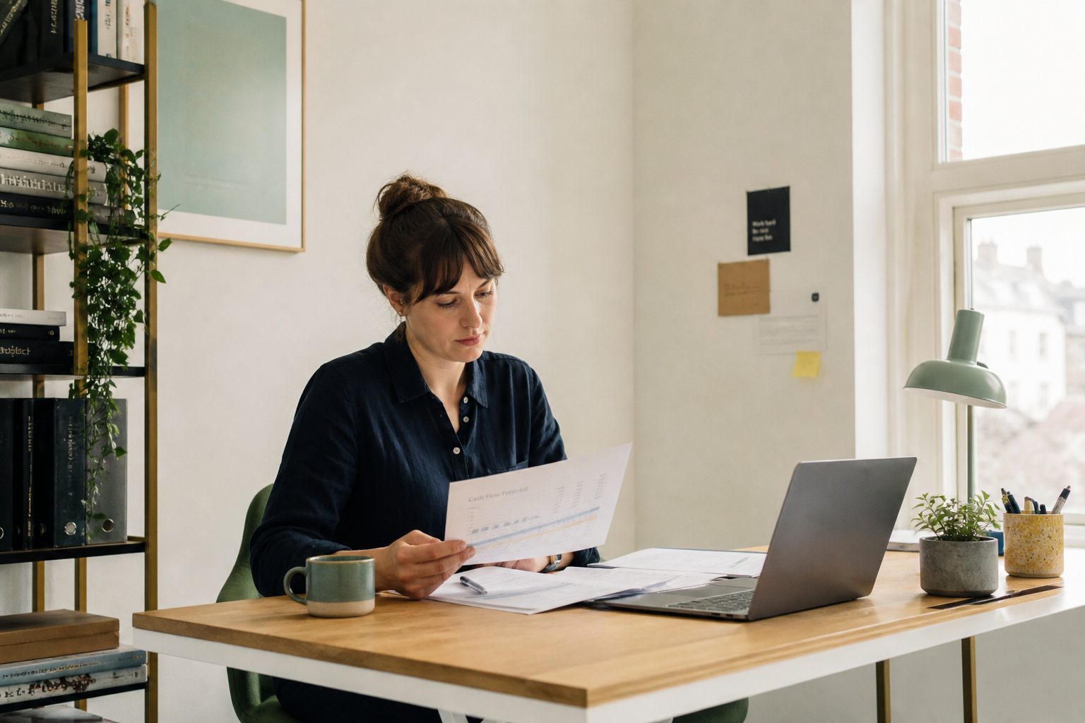 A business owner reading printed pages at her desk with a laptop open